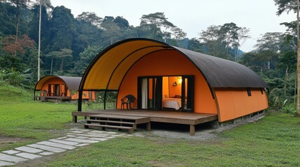 Wall Mural - Orange cabin with black roof and wooden deck in forest setting.