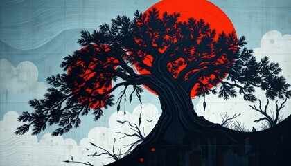 Poster - Silhouetted Tree Against Red Sun.