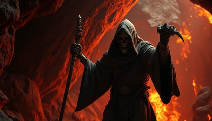 Canvas Print - Grim Reaper in a fiery cave.