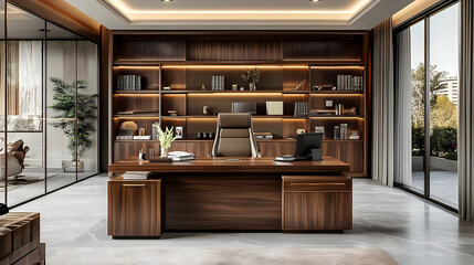 Canvas Print - Modern office interior with a large wooden desk and a bookshelf.