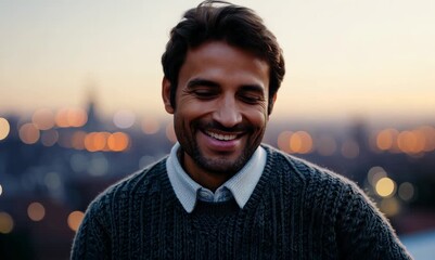 Canvas Print - Medium shot portrait video of a pleased man in his 40s wearing a cozy sweater against a cityscape background