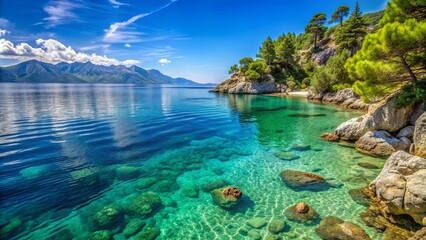 Scenic Adriatic Sea background with crystal clear waters and a rocky coastline in Brela, Croatia, Adriatic Sea