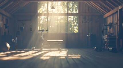 Poster - Sunbeams stream through a window in a rustic wooden gym with weightlifting equipment.