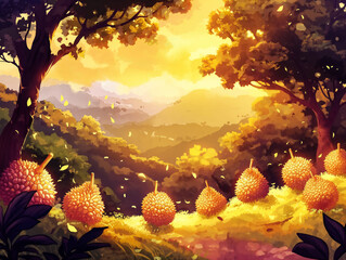 Wall Mural - A painting of a forest with a line of orange fruits. The mood of the painting is peaceful and serene