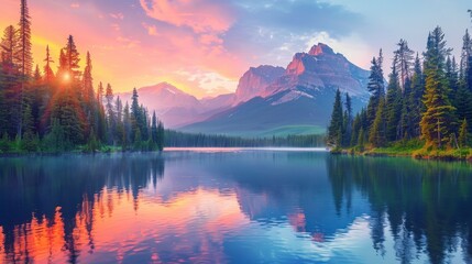 Wall Mural - Majestic Mountain Range at Sunrise: Scenic Landscape with Forests, Lake, and Vibrant Sky Reflections