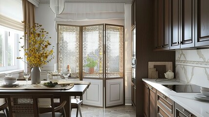 Wall Mural - Modern Kitchen with Brown Cabinets and a Decorative Screen