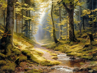 Wall Mural - A painting of a forest with a stream running through it. The painting is full of life and color, with the sunlight shining through the trees and casting a warm glow on the water