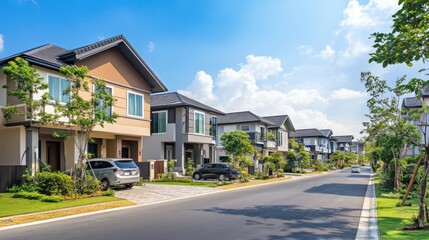 Poster - A row of modern homes with a paved road, green lawns, and a bright blue sky in the background.