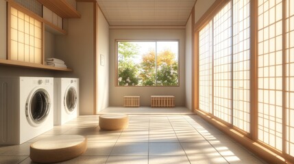 Minimalist laundry room with two washing machines, wooden shelves and sliding doors, and a view of a garden.