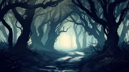 Wall Mural - a haunting and atmospheric illustration of a desolate forest path, where shadowy figures lurk among the gnarled trees.