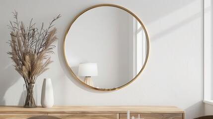 Poster - Round mirror on white wall in dining room, elephant decor, modern home interior, copy space, stock photo.