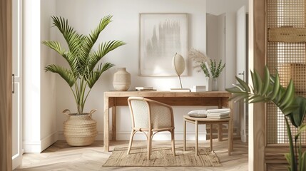 Wall Mural - Minimalist White Room with Wooden Desk and Palm Plant