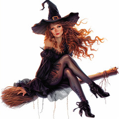 A stylish witch with long hair, wearing a black dress and hat, sitting on a broomstick.