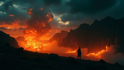 Poster - Silhouette of a Man Against a Fiery Landscape.