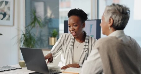 Aufkleber - Laptop, business women and training with mentor, discussion or planning at creative startup. Computer, intern and engagement manager teaching worker with analysis, data or erp stats for learning info
