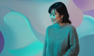 Wall Mural - medium shot portrait of a confident Japanese woman in her 40s wearing a cozy sweater against an abstract background