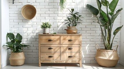 Wall Mural - Wooden Dresser with Plants in Wicker Baskets against White Brick Wall