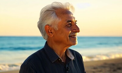 Wall Mural - Portrait of a smiling mature man standing on the beach by the sea