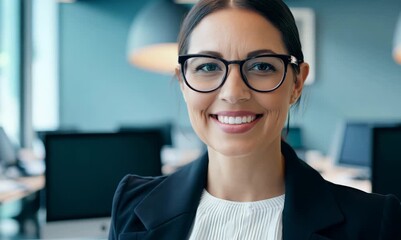 Sticker - Portrait of smiling businesswoman in eyeglasses standing in office