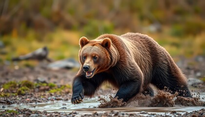 Wall Mural - Brown Bear Walking Through a Puddle.