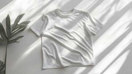 White t-shirt on flat white background with soft natural shadows and subtle fabric texture