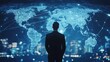 © sa-photo - A businessman standing in front of a digital world map with network connections, indicating global business reach.