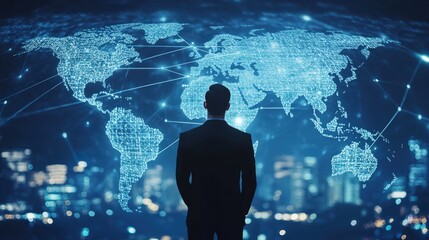 a businessman standing in front of a digital world map with network connections, indicating global b