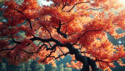 Wall Mural - Autumn Maple Tree Branch with Red and Yellow Leaves.