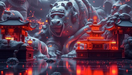 Canvas Print - Red Lanterns Illuminate Ancient Chinese Pagoda and Stone Guardian Lions.