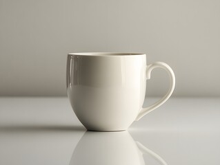 White mug on a light grey background with a subtle reflection to enhance the minimalist feel