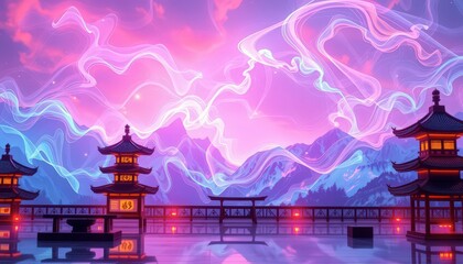 Canvas Print - Japanese Pagoda with Neon Lights and Swirling Clouds