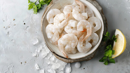 Wall Mural - A bowl of fresh shrimp on ice with lemon and herbs, ready for cooking or serving.