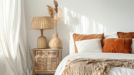 Sticker - White bed with brown and orange pillows in a natural bedroom featuring a wicker lamp, wooden bedside table, and vase