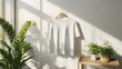 © IttikornP - White t-shirt mockup shown on a simple rack against a plain, bright wall, highlighting the clean lines