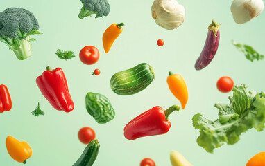 Wall Mural - Colorful vegetables flying through the air on colorful background, with cabbages, peppers, eggplant, mushrooms, tomatoes and radishes all floating together