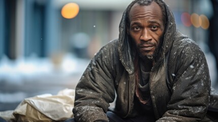 Close-Up of Homeless Man with Expressive Eyes and Long Beard, Capturing Poverty