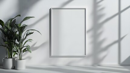 White frame with minimalist poster mockup on a plain white wall, soft shadows cast from natural light