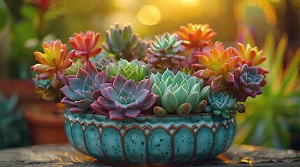 Poster - Colorful Succulents in a Blue Pot