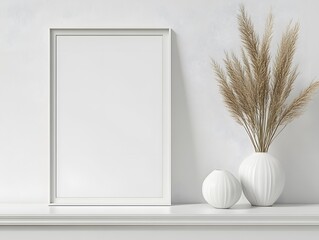 Close-up of a white frame with a minimalist poster mockup, displayed on a clean white shelf