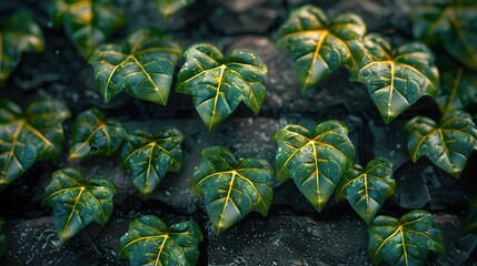 Wall Mural - Green Leaves on a Stone Wall