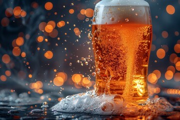 Golden beer pouring into frosted glass, showcasing effervescent bubbles on dark backdrop