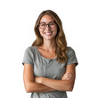 © The Stock Guy - Portrait of a happy woman wearing glasses, smiling with arms crossed, isolated on transparent background