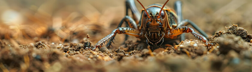 Closeup of a Brown and Black Cricket on the Ground