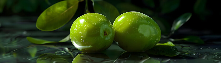 two green olives with leaves 3d illustration