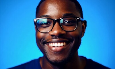 Wall Mural - Portrait of smiling african-american man in glasses, isolated on blue background