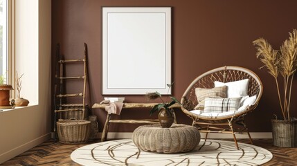 Sticker - Inviting living room setup with poster frame, rattan chair, beige rug, wood coffee table, brown wall, plaid, ladder, and personal accents. Home decor template.