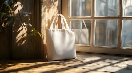 White tote bag mockup placed on a clean wooden surface with soft natural light