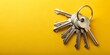© sarinya - Big bunch of keys on a key chain over bright yellow background, Estate, concept, key ring, keys, rendering, security