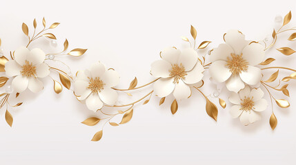 Wall Mural - Elegant border with white flower and gold leaves on white background