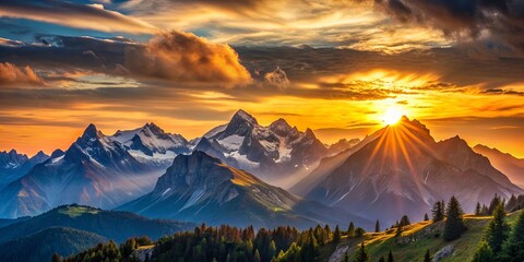 Wall Mural - Scenic sunset over the majestic mountain peaks , sunset, mountains, nature, landscape, sky, clouds, colorful, evening